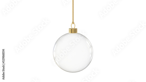 christmas ball blank glossy transparent glass  hanging christmastree gold from top upright 3D rendering isolated photo