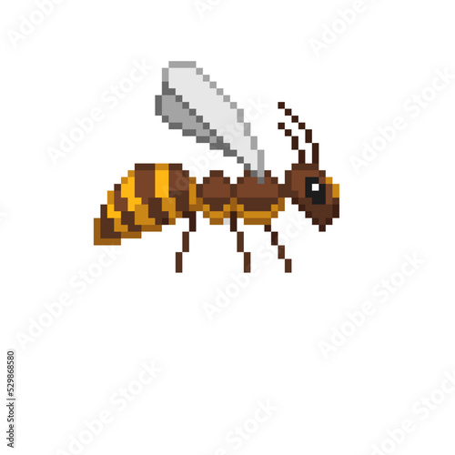 An 8-bit retro-styled pixel-art illustration of a right-facing cartoon yellow bumble bee.