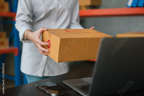 Young owner business woman received orders clients and products in parcel cardboard box packaging on the rack in warehouse.