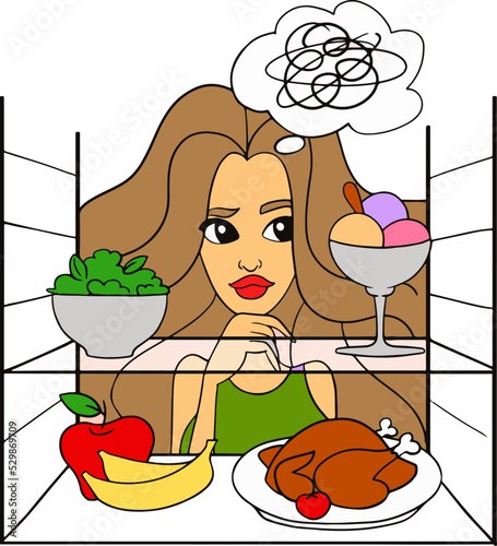 Woman opened the refrigerator door, thinks what food to choose. vector illustration isolated on white background.