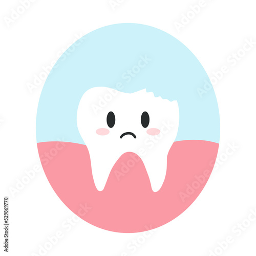 Fractured, chipped tooth in cartoon flat style. Vector illustration of disgruntled unhealthy teeth character, dental care concept, oral hygiene