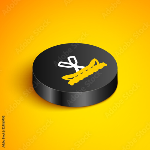 Isometric line Rafting boat icon isolated on yellow background. Kayak with paddles. Water sports, extreme sports, holiday, vacation, team building. Black circle button. Vector
