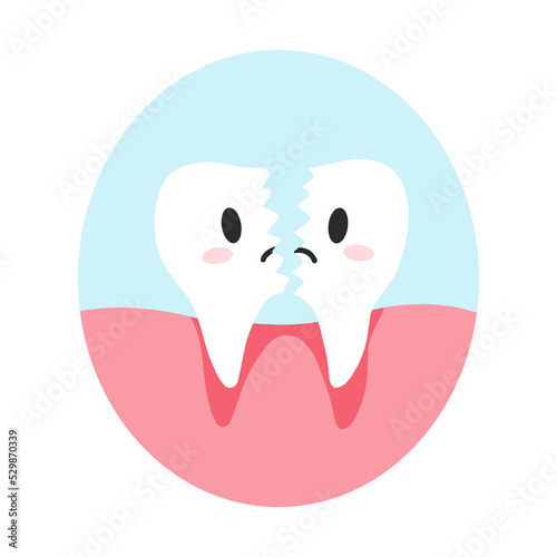 Broken cracked tooth in cartoon flat style. Vector illustration of disgruntled split teeth character, dental care concept, oral hygiene