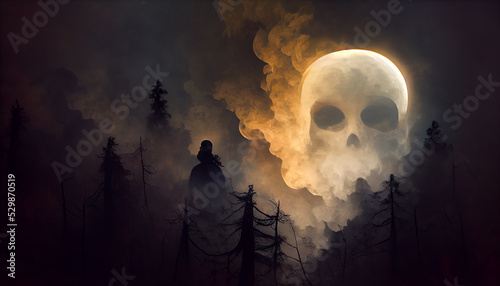Print op canvas Digital art of a haunted forest and scary figures emerging from smoke