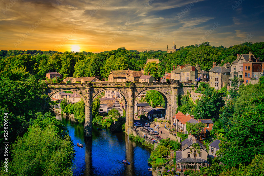 Landscape of Railway viaduct over the River Nidd at sunset in Knaresborough, North Yorkshire, England. UK.