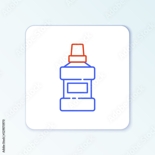 Line Mouthwash plastic bottle and glass icon isolated on white background. Liquid for rinsing mouth. Oralcare equipment. Colorful outline concept. Vector