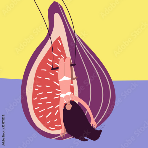 Tiny girl flyes upside down on a swing against the background of a huge fig, summer mood, summer vibes, organic, healthy food, vitamins, freedom, food, ocean beach, hang on knees. photo