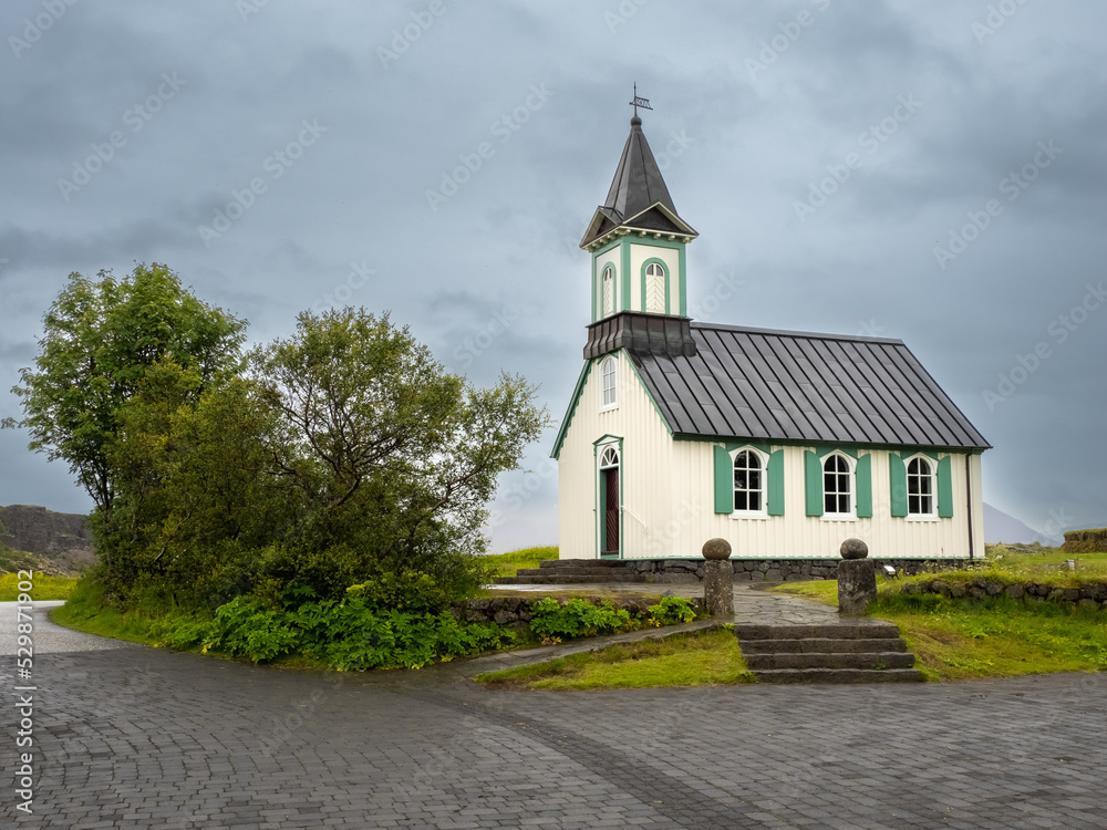 Þingvellir (Thingvellir) church (Thingvallakirkja church) a site of historical, cultural, and geological significance in Iceland lying in a rift valley that marks the crest of the Mid-Atlantic Ridge