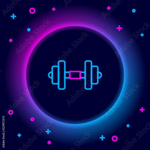 Glowing neon line Dumbbell icon isolated on black background. Muscle lifting, fitness barbell, sports equipment. Colorful outline concept. Vector