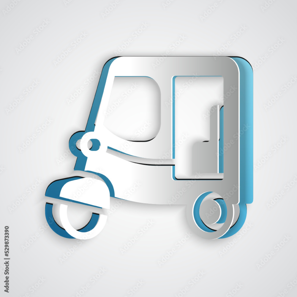 Paper cut Taxi tuk tuk icon isolated on grey background. Indian auto rickshaw concept. Delhi auto. Paper art style. Vector Paper cut Taxi tuk tuk icon isolated on grey background. Indian auto rickshaw concept. Delhi auto. Paper art style. Vector