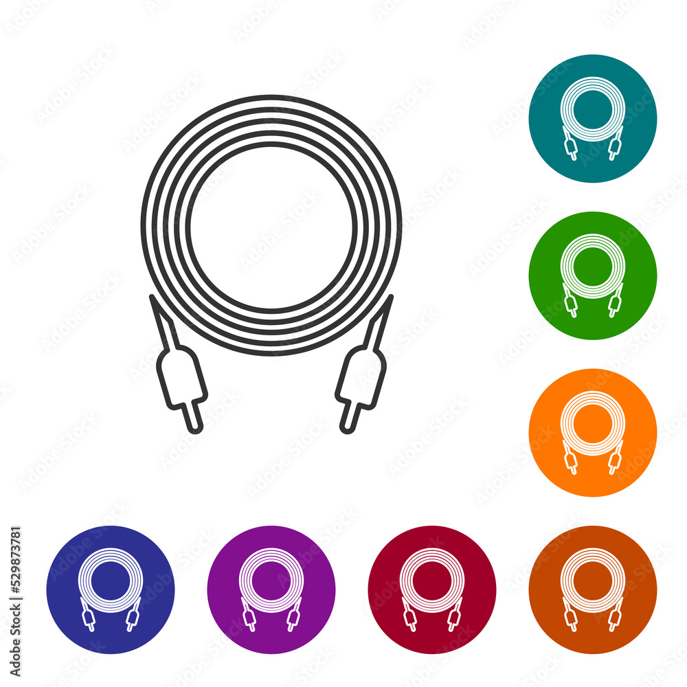 Black line Audio jack icon isolated on white background. Audio cable for connection sound equipment. Plug wire. Musical instrument. Set icons in color circle buttons. Vector