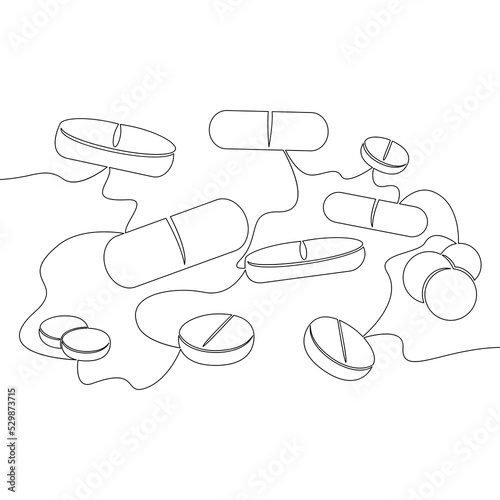 Continuous line drawing set of pills and capsules Medical pills icon vector illustration concept