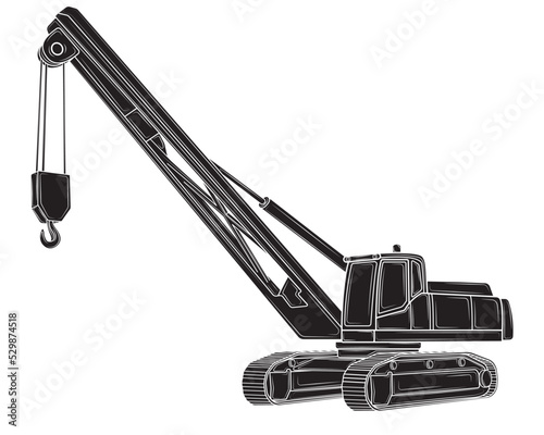 Black silhouette of Crane in isolate on a white background. Construction equipment. Vector illustration.