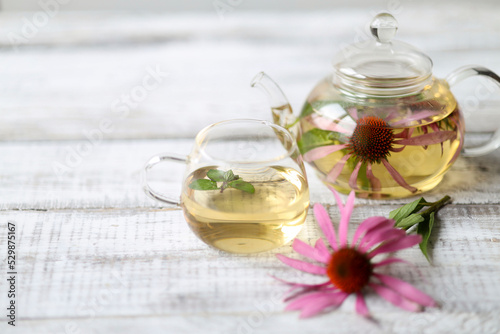 Cup of herbal tea from echinacea and mint used in alternative medicine a an immune system booster.