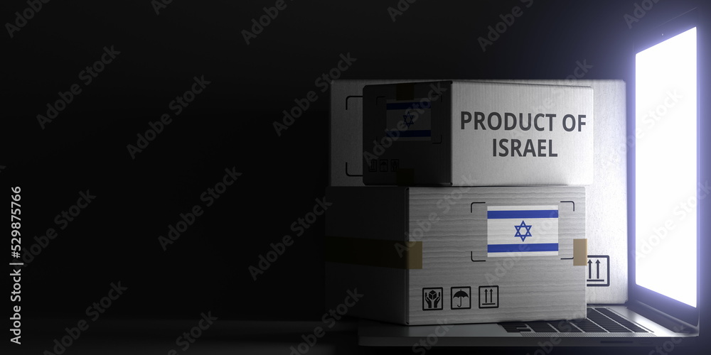 Cartons with PRODUCT OF ISRAEL text and flag on the laptop, black background. 3D rendering Cartons with PRODUCT OF ISRAEL text and flag on the laptop, black background. 3D rendering