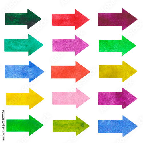 Arrow watercolor set. Colored elements for design, print. Collection of symbols isolated on white background. Illustration for buttons, icons, business.