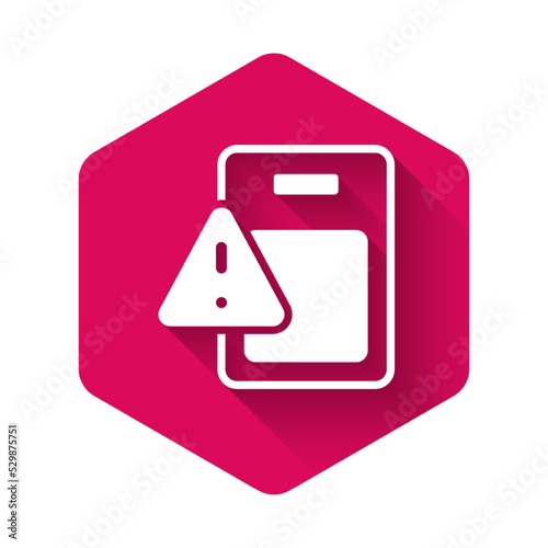 White Global economic crisis icon isolated with long shadow background. World finance crisis. Pink hexagon button. Vector