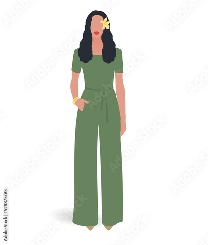 Woman silhouette wears full body pants and flower on hair, cute lady figure