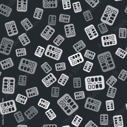 Grey Nicotine gum in blister pack icon isolated seamless pattern on black background. Helps calm cravings and reduces anxiety caused by quitting smoking. Vector