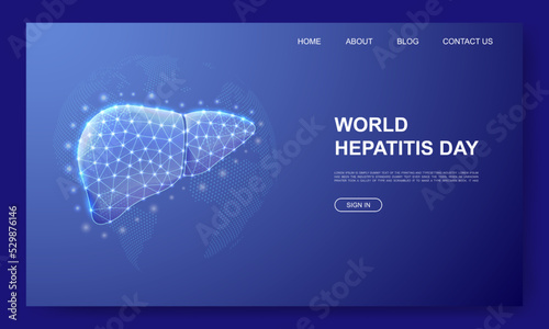 Liver 3d low poly website template. Hepatitis design illustration concept. Polygonal Organ anatomy symbol for landing page, advertising page.