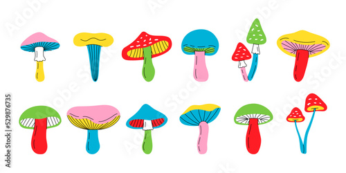 Set of mushroom sketch. Poisonous and edible mushrooms colored banner. Organic different mushrooms. Chanterelle, truffle, honey agarics, morels.