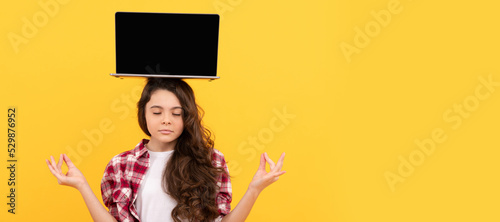 keep calm. school presentation on computer. kid ready for video study. girl with computer on head. School girl portrait with laptop, horizontal poster. Banner header with copy space.
