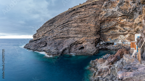Pirate's cave wide panorama long exposure on Canary island, Spain