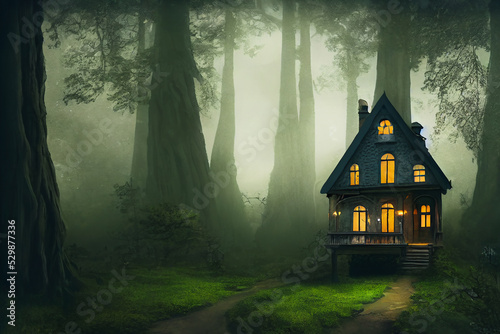 Fotografiet Fairy tale little cottage in magical forest