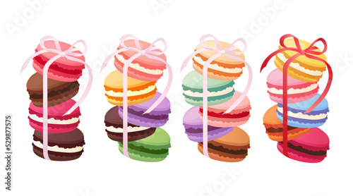 Set of sweet french macaroons isolated on white background. Colorful macarons with ribbon. Vector illustration in flat style.