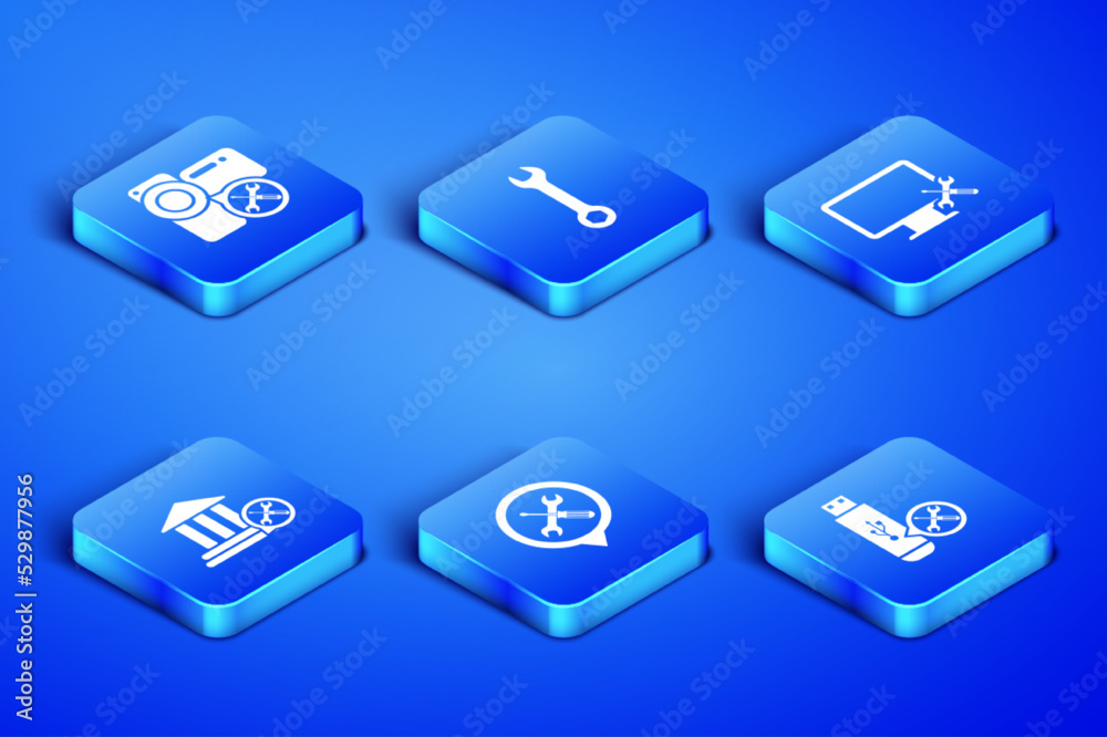Set USB flash drive service, Video camera, Location, Bank building, Wrench and Computer monitor icon. Vector