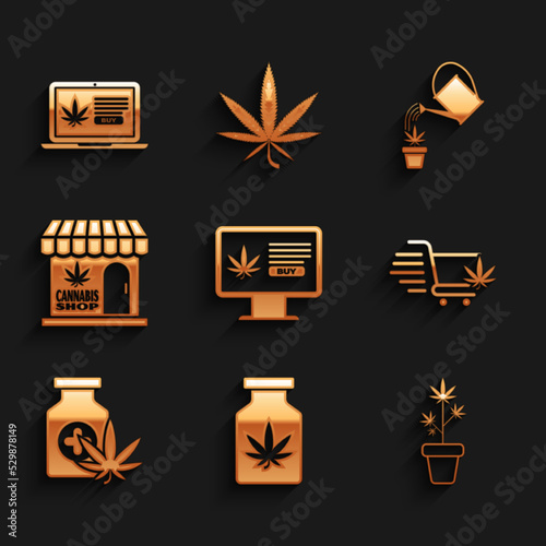 Set Online buying marijuana, Medical bottle with, Marijuana plant pot, Shopping cart, and cannabis store, Watering and icon. Vector