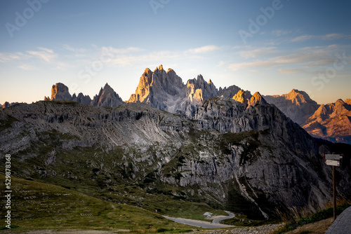 The mountains of the Cadini Group at sunrise at the Drei Zinnen Hütte in the Dolomites in South Tyrol, Italy.