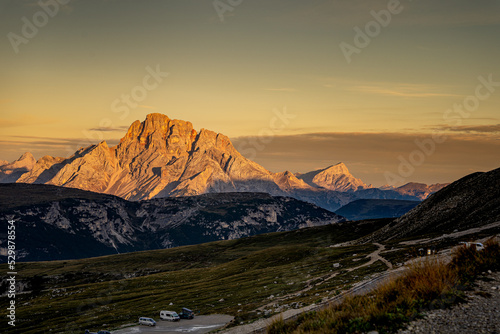 Rifugio Auronzo at sunrise Hiking trail to the Drei Zinnen Hütte in the Dolomites in South Tyrol, Italy.