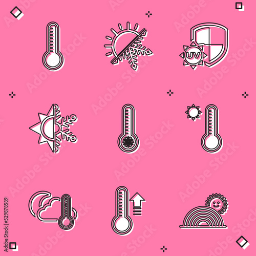 Set Meteorology thermometer, Sun and snowflake, UV protection, Thermometer cloud, moon and icon. Vector