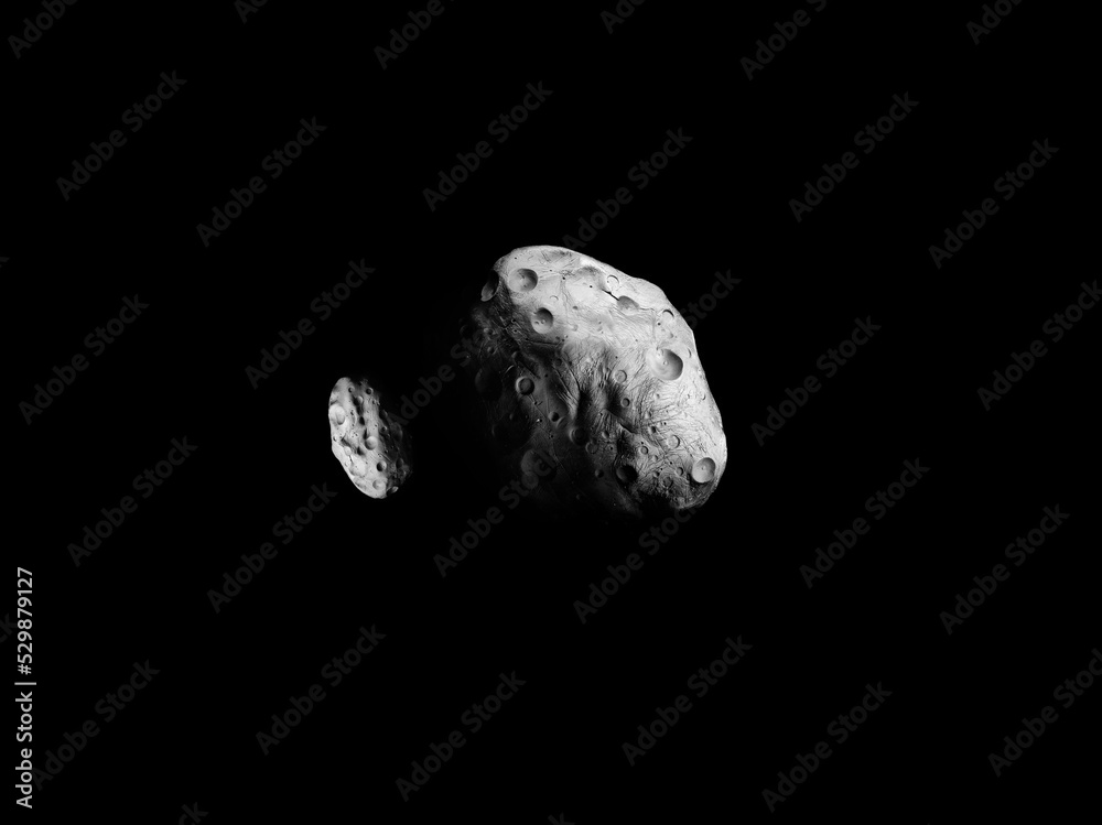 two large asteroids with craters in space, asteroid with satellite two large asteroids with craters in space, asteroid with satellite