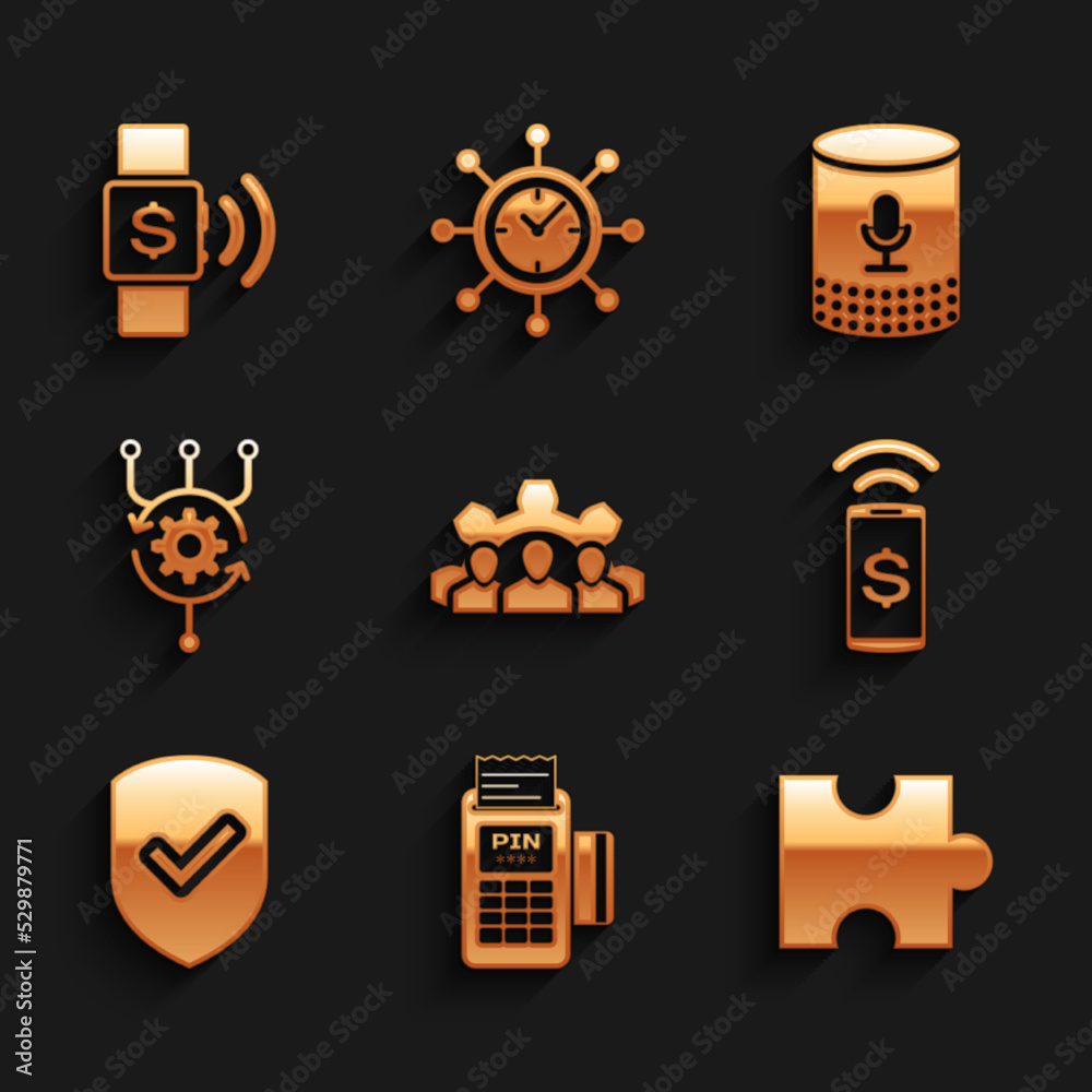 Set Project team base, POS terminal, Piece of puzzle, Contactless payment, Shield with check mark and Algorithm icon. Vector Set Project team base, POS terminal, Piece of puzzle, Contactless payment, Shield with check mark and Algorithm icon. Vector