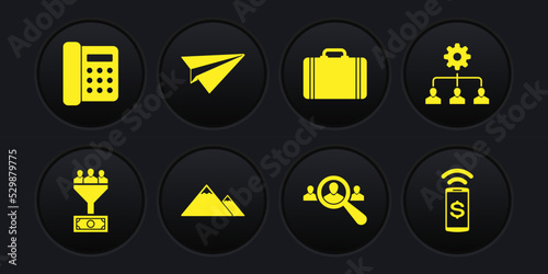 Set Lead management, , Mountains, Magnifying glass for search people, Suitcase travel and Paper plane icon. Vector