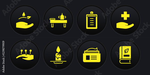 Set Acupuncture therapy, Cross hospital medical, Aroma candle, Ointment cream tube, Clipboard with checklist, Massage table oil, Medical book and Leaf hand icon. Vector