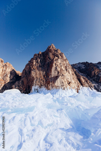 Arctic landscape glacier frozen snow lake Baikal or Antarctica extreme with sun light