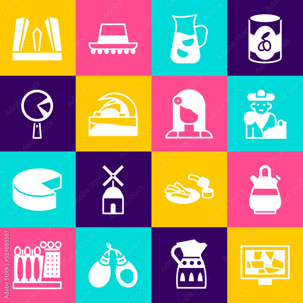 Set Picture art, Sangria pitcher, Bullfight, matador, Concert hall de Tenerife, Omelette in frying pan, Gate of Europe and Spanish woman icon. Vector Set Picture art, Sangria pitcher, Bullfight, matador, Concert hall de Tenerife, Omelette in frying pan, Gate of Europe and Spanish woman icon. Vector