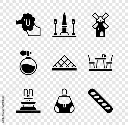 Set Poodle dog, Place De La Concorde, Windmill, Fountain, Handbag, French baguette bread, Perfume and Louvre museum icon. Vector