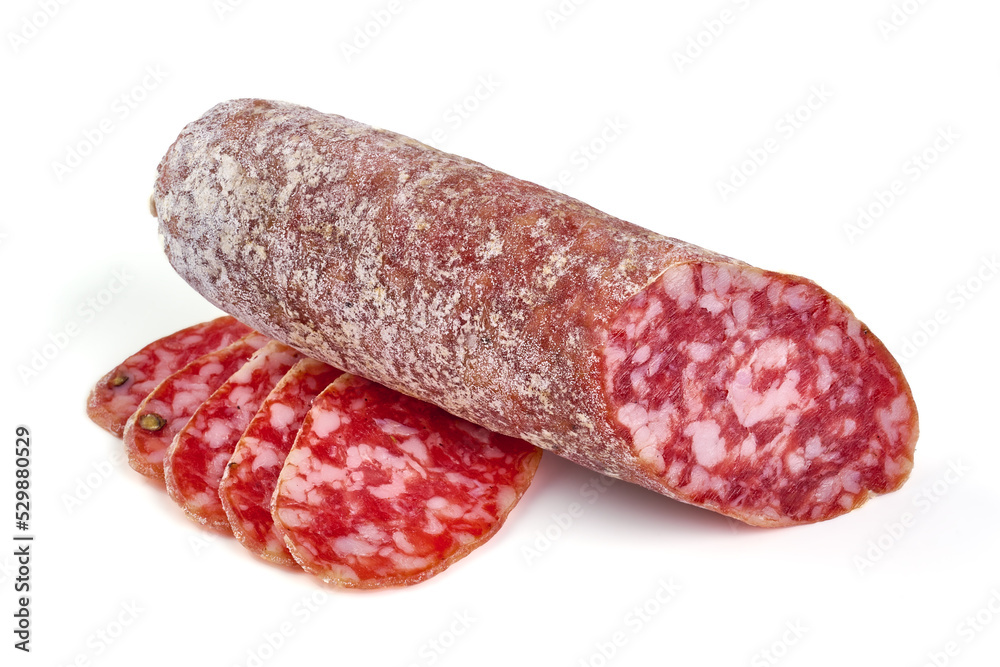 Cured salami sausage, Italian sausage with mold, isolated on white background. Cured salami sausage, Italian sausage with mold, isolated on white background.
