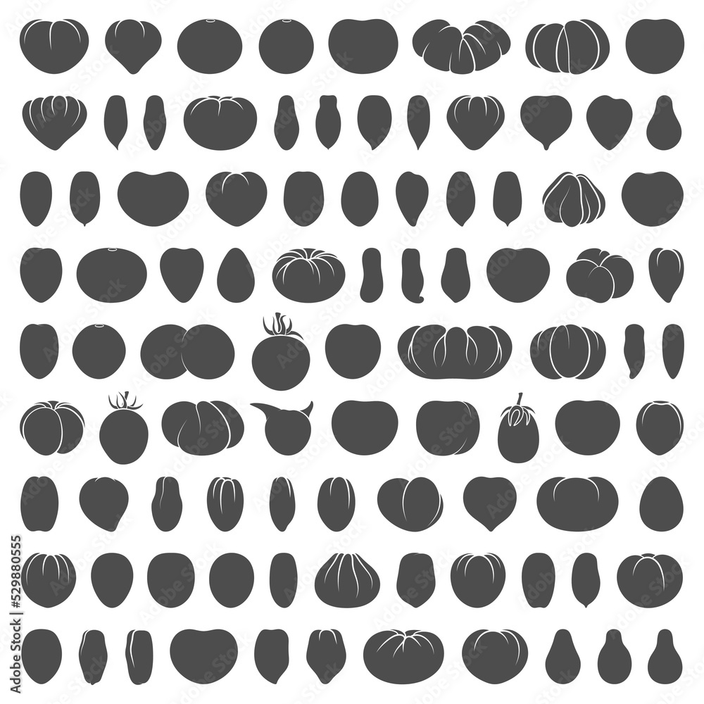 Fototapeta premium Set of black and white illustrations with tomatoes of various varieties and shapes. Isolated vector objects on a white background.
