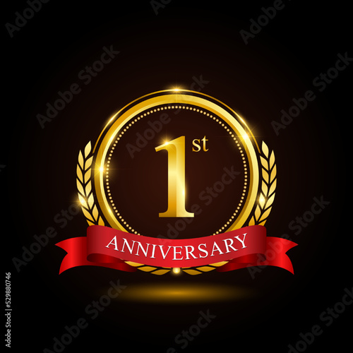 1st golden anniversary template design, with shiny ring and red ribbon, laurel wreath isolated on black background, logo vector