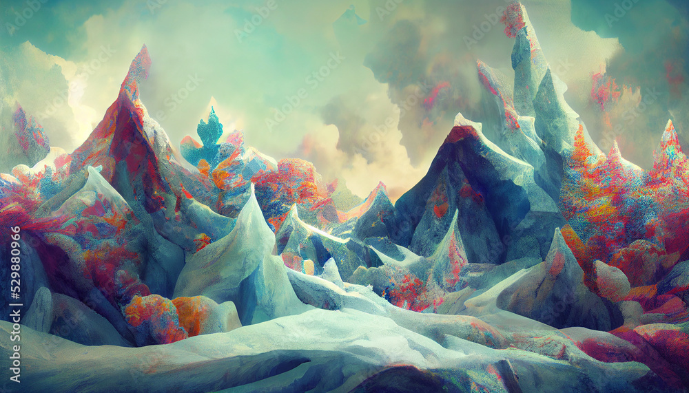 Digital abstract art of frostwork and mountains with retro colors.
