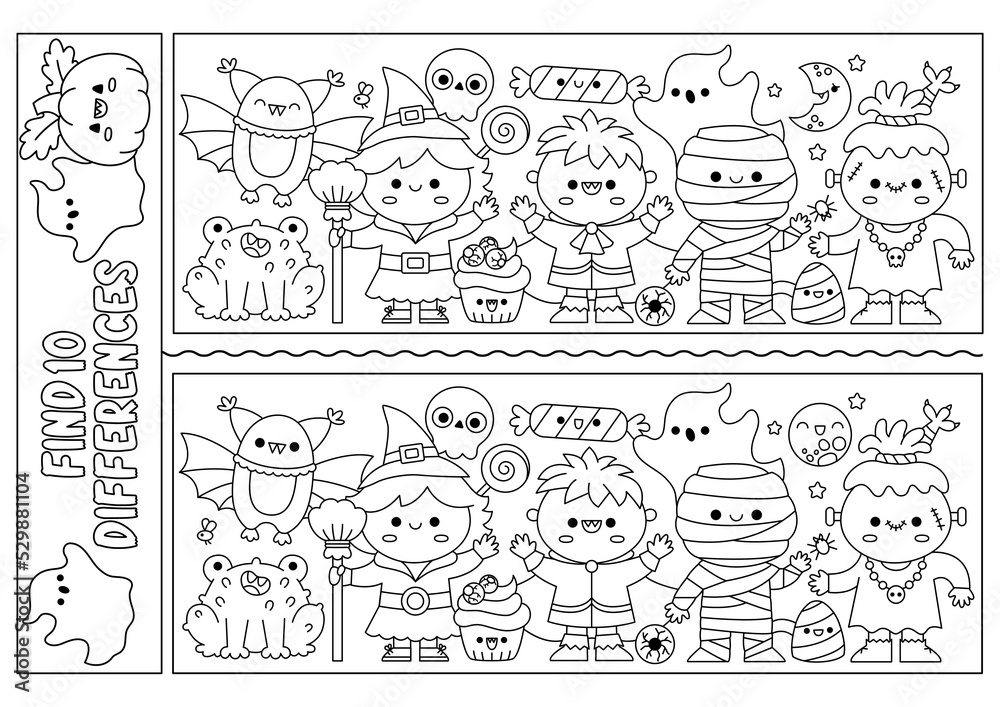 Halloween black and white find differences game. Attention skills line activity with cute witch, vampire, mummy. Puzzle for kids or coloring page. Printable what is different worksheet.