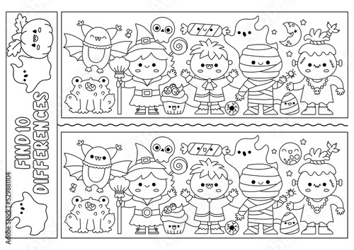 Halloween black and white find differences game. Attention skills line activity with cute witch, vampire, mummy. Puzzle for kids or coloring page. Printable what is different worksheet.