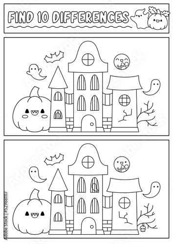 Halloween black and white find differences game for children. Attention skills line activity with cute haunted house. Puzzle for kids or coloring page. Printable what is different worksheet.