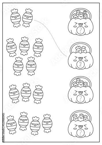 Halloween black and white matching game with trick or treat sweets and cute kawaii pumpkin. Autumn line math activity for children. Educational printable counting worksheet or coloring page.