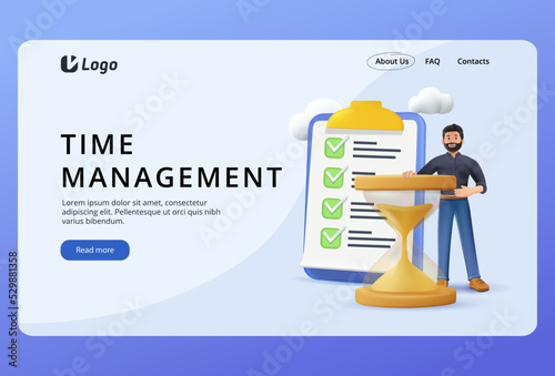 3D render vector illustration. Time management, time planner. Checklist and deadline, multitask, man waiting. Lon. Appointment in Clinic or Office, Airport Departure Delay. Work time management, quick